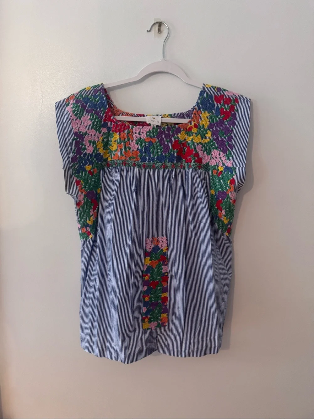 J.Marie Blue Striped Floral Mexican Embroidered Sleeveless Top - Picture 5 of 10